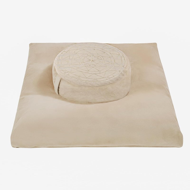 ellier Zafu & Zabuton Meditation Cushion Set - Buckwheat Hull & Memory Foam Pillows, Ergonomic Support for Yoga, Mindfulness - Organic Velvet Cover, Large Size, Durable Comfort (Khaki) - Image 1